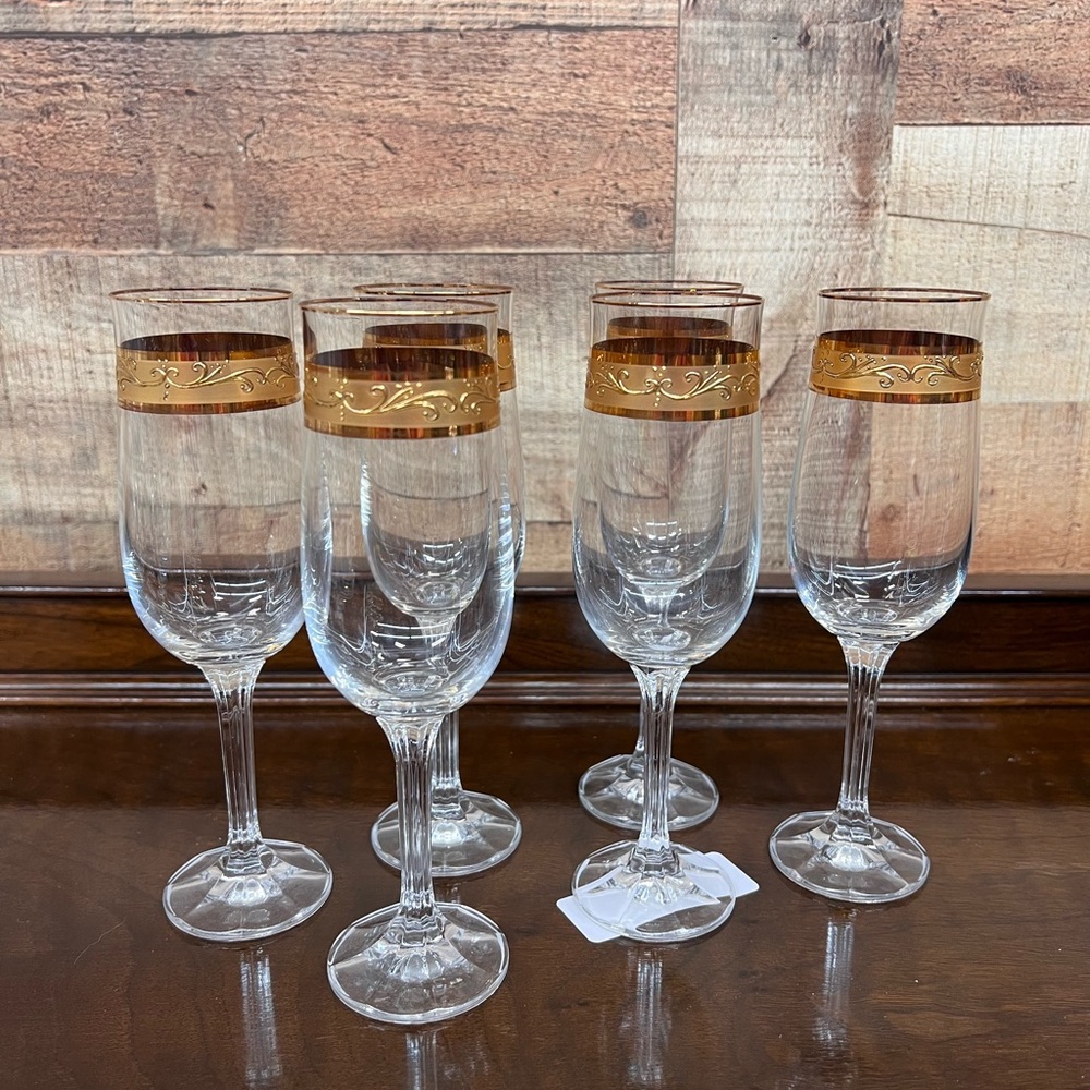 Set Of 6 Cassovia DED Champagne Flutes W/24K Decorative Ring 7.5x1.75”